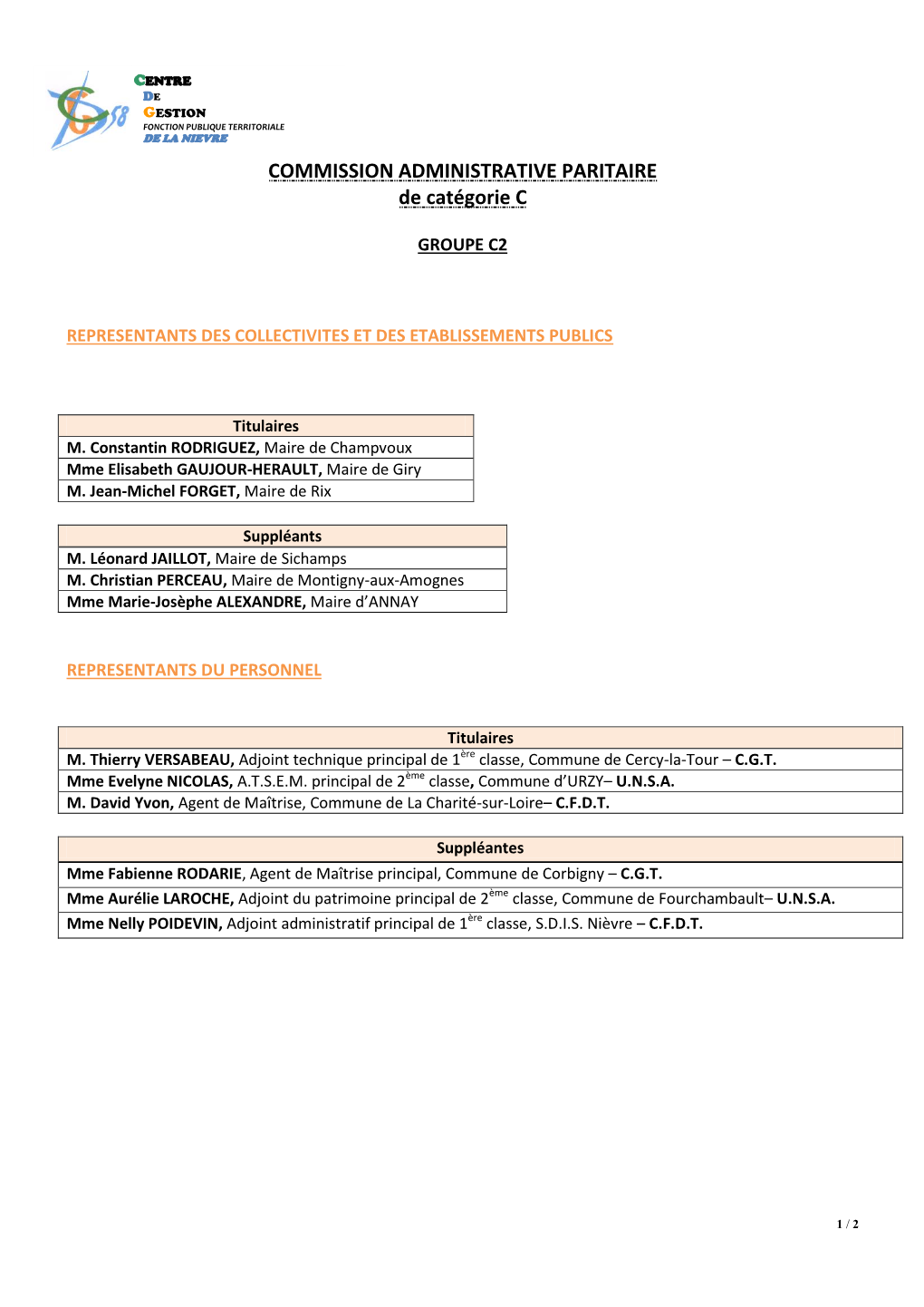 COMMISSION ADMINISTRATIVE PARITAIRE De Catégorie C