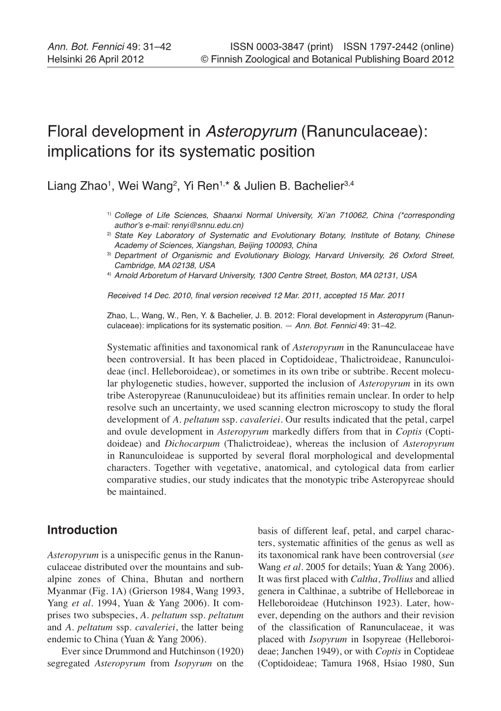 Floral Development in Asteropyrum (Ranunculaceae): Implications for Its Systematic Position