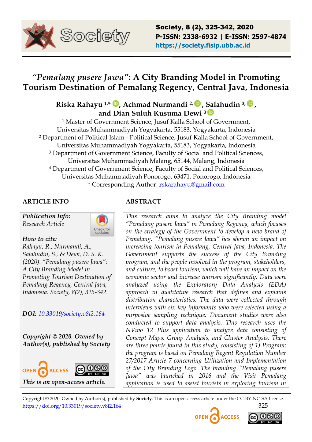 Pemalang Pusere Jawa”: a City Branding Model in Promoting Tourism Destination of Pemalang Regency, Central Java, Indonesia