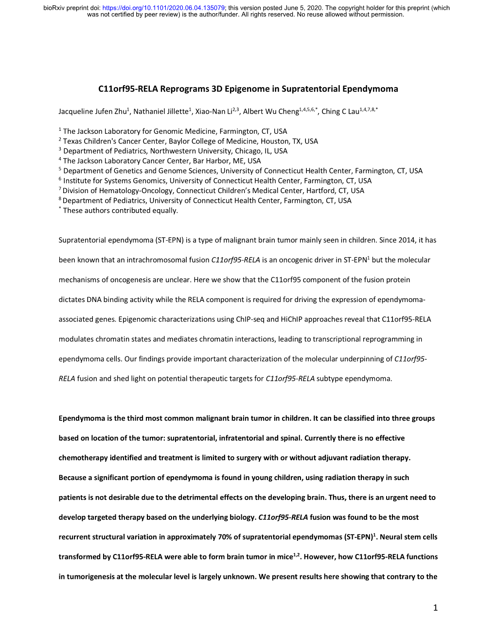 C11orf95-RELA Reprograms 3D Epigenome in Supratentorial Ependymoma