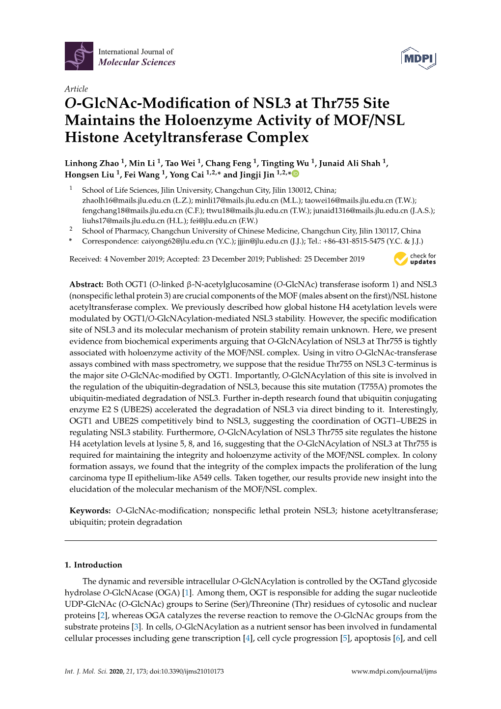 O-Glcnac-Modification of NSL3 at Thr755 Site Maintains The