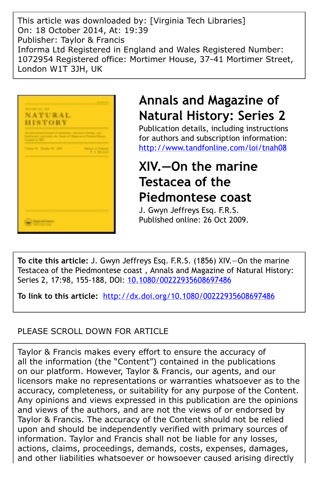 On the Marine Testacea of the Piedmontese Coast J