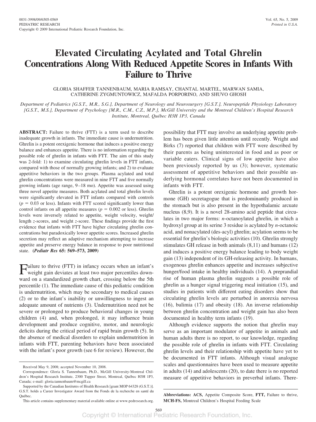 Elevated Circulating Acylated and Total Ghrelin Concentrations Along with Reduced Appetite Scores in Infants with Failure to Thrive