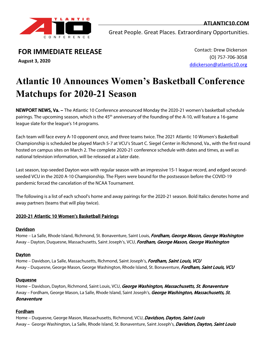 Atlantic 10 Announces Women's Basketball Conference Matchups