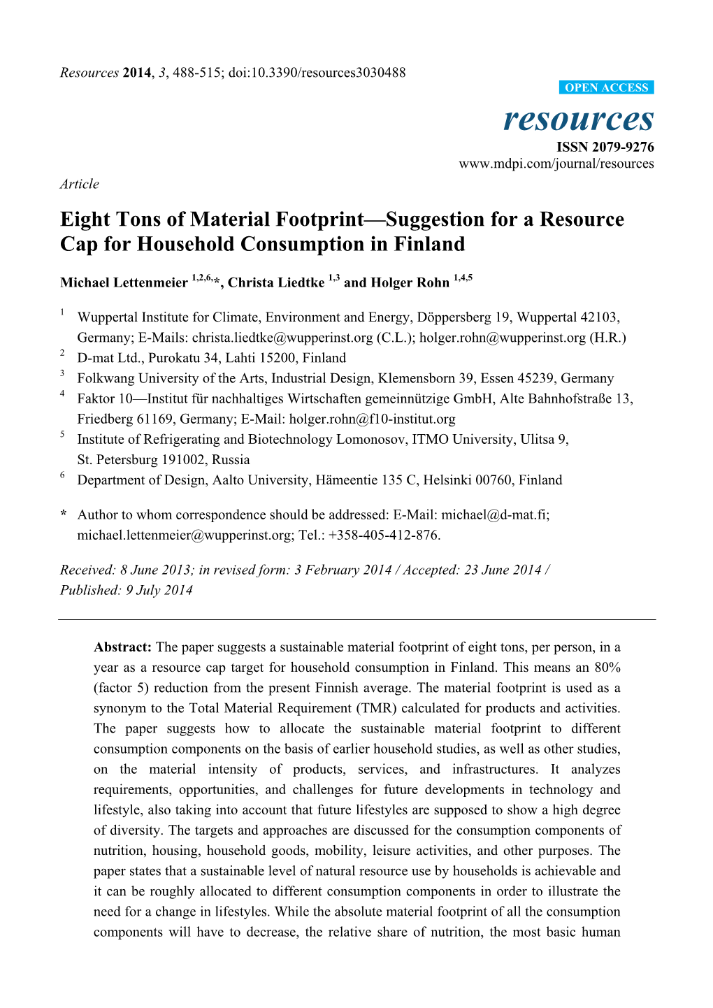 Eight Tons of Material Footprint—Suggestion for a Resource Cap for Household Consumption in Finland