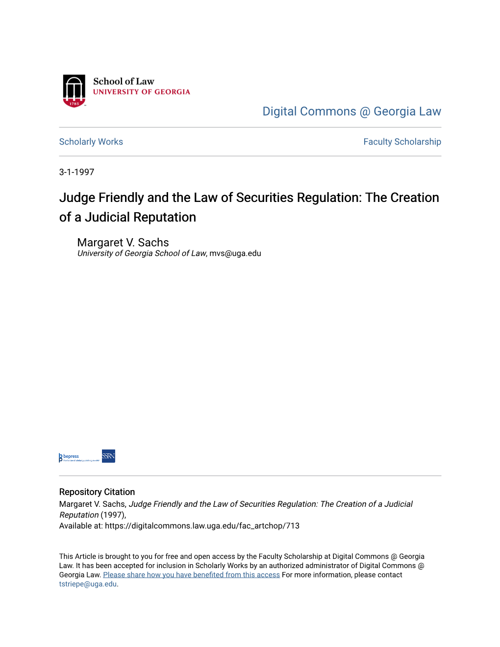 Judge Friendly and the Law of Securities Regulation: the Creation of a Judicial Reputation