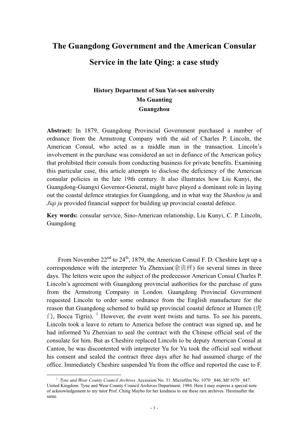 The Guangdong Government and the American Consular Service in the Late Qing: a Case Study