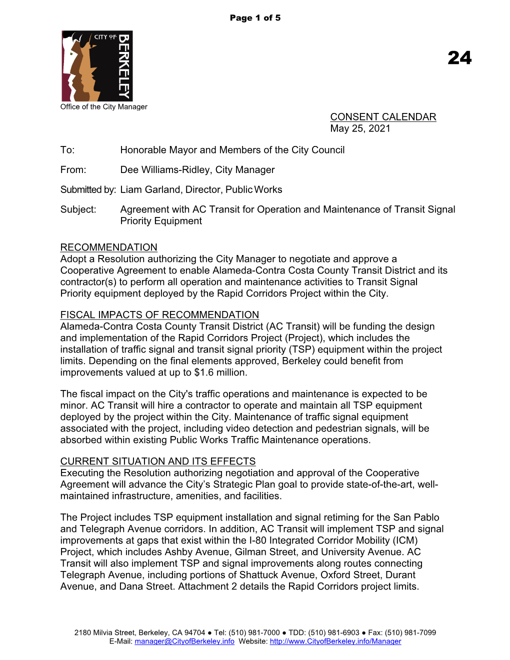 Agreement with AC Transit for Operation and Maintenance of Transit Signal Priority Equipment