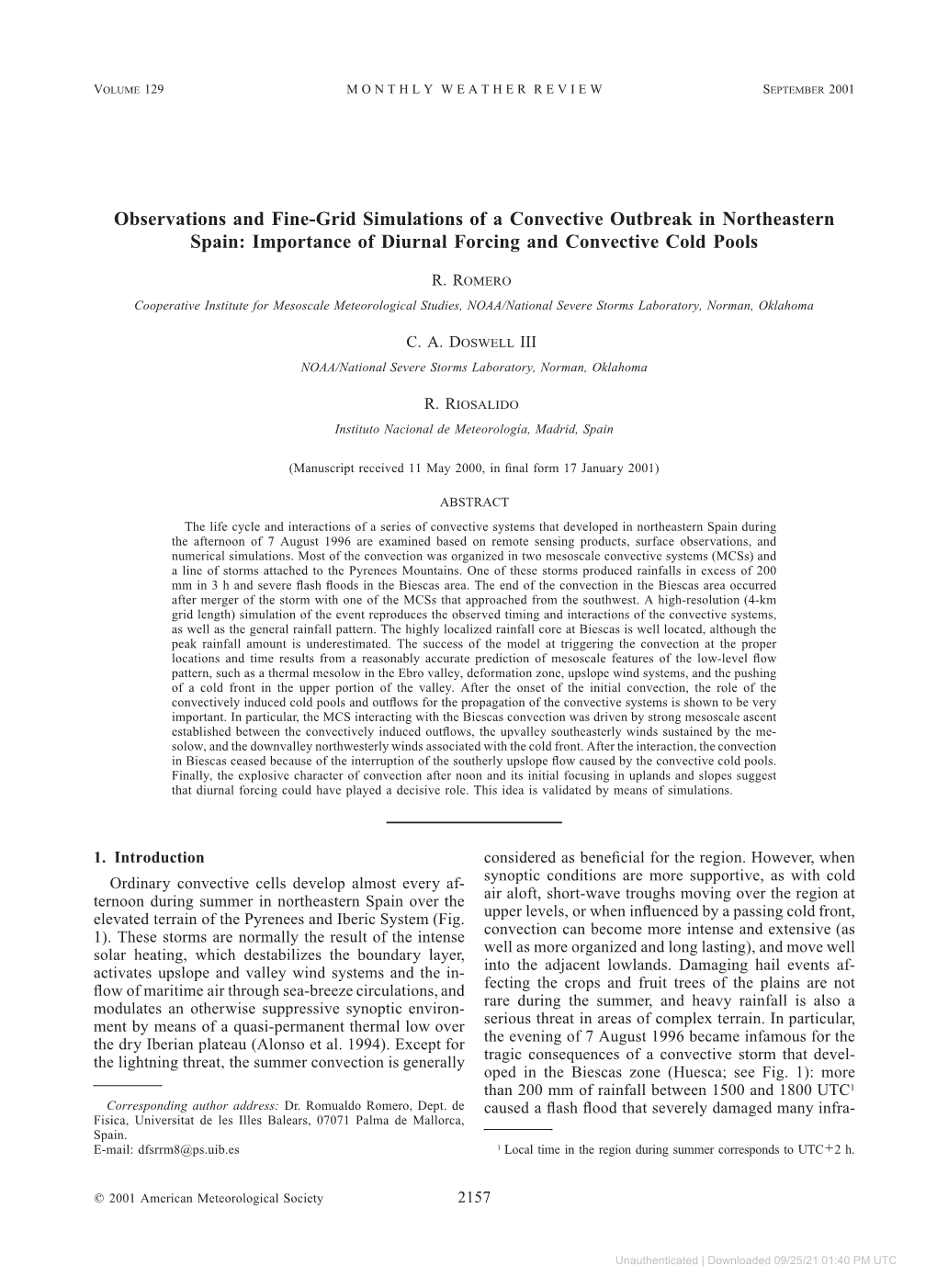 Observations and Fine-Grid Simulations of a Convective Outbreak in Northeastern Spain: Importance of Diurnal Forcing and Convective Cold Pools