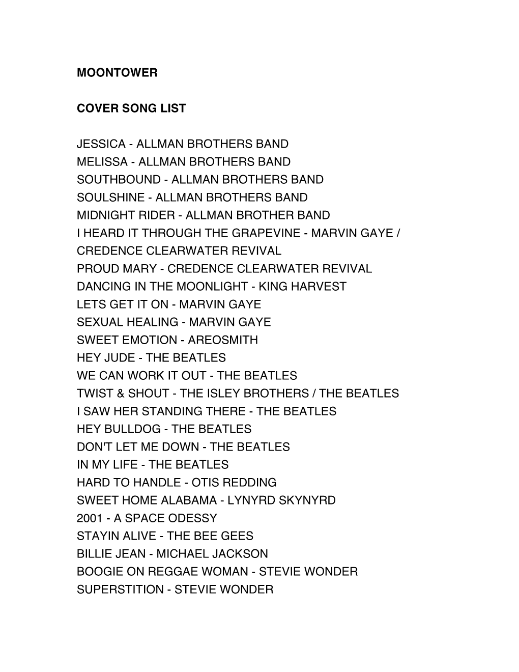 Moontower Cover Song List Jessica