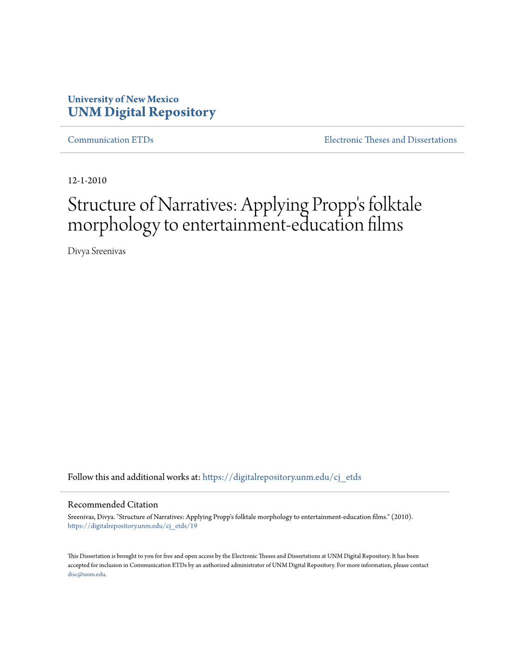 Applying Propp's Folktale Morphology to Entertainment-Education Films Divya Sreenivas