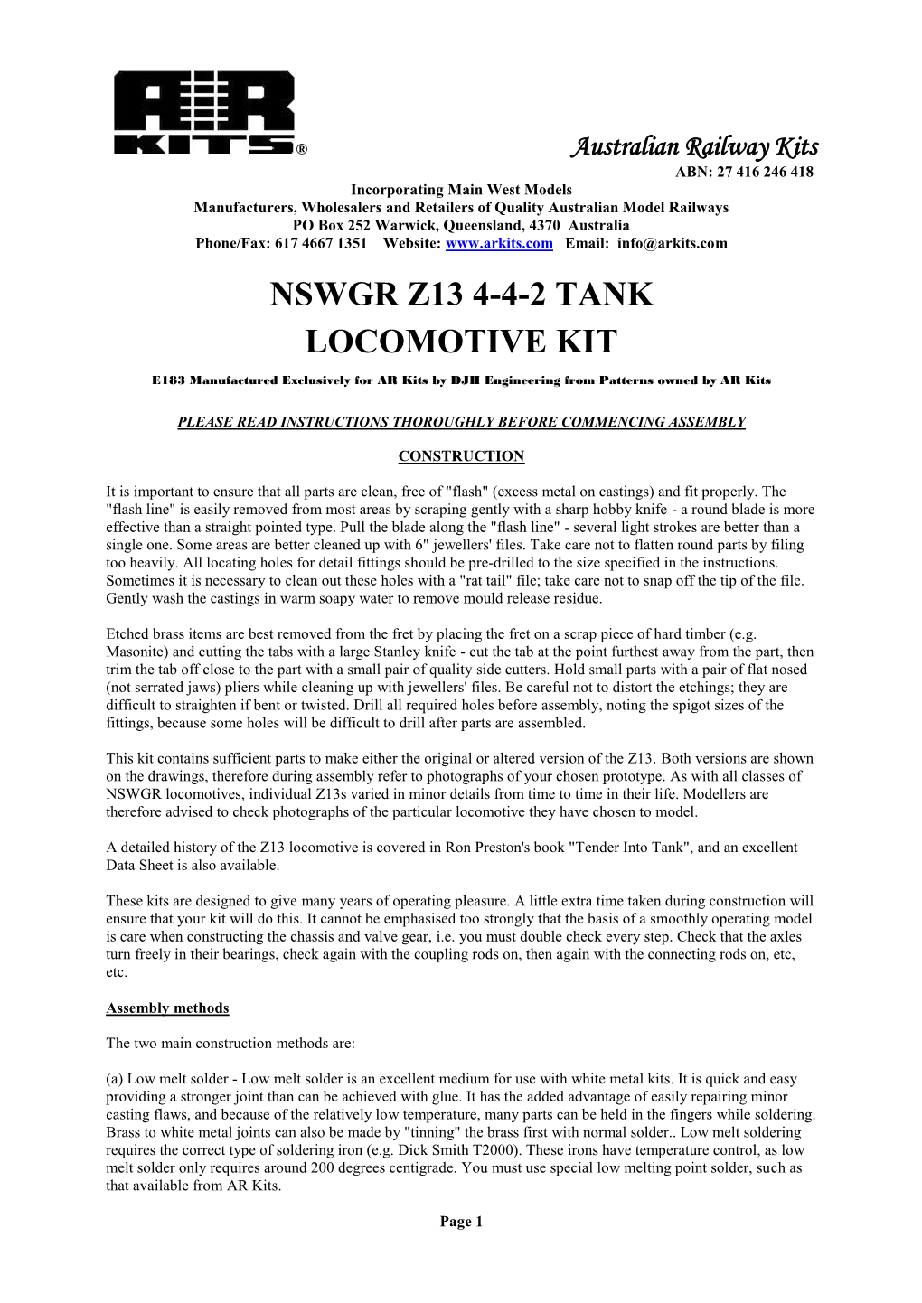 Nswgr Z13 4-4-2 Tank Locomotive Kit