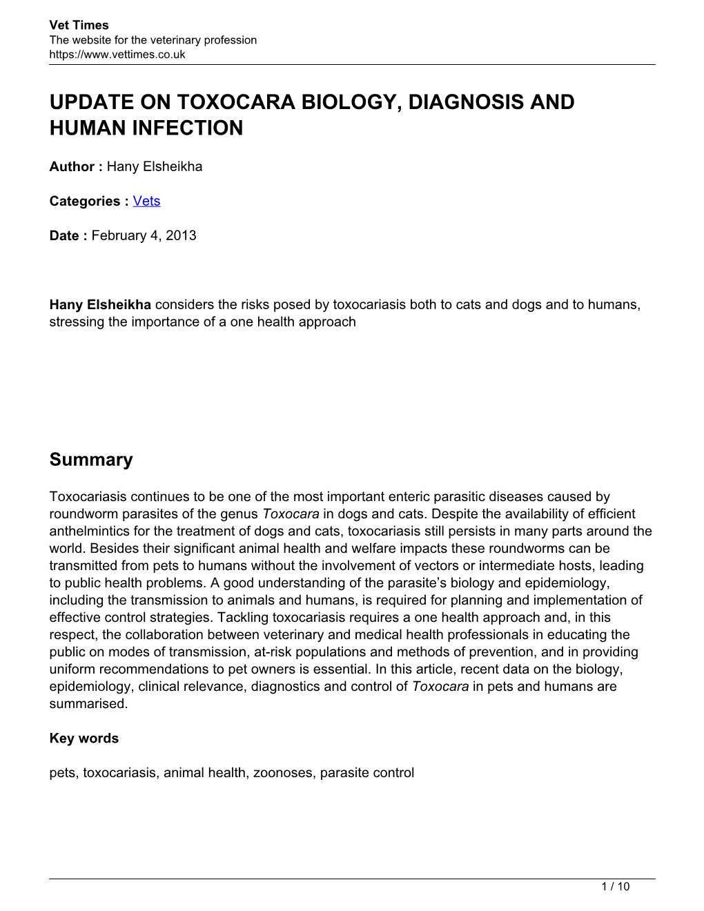 Update on Toxocara Biology, Diagnosis and Human Infection