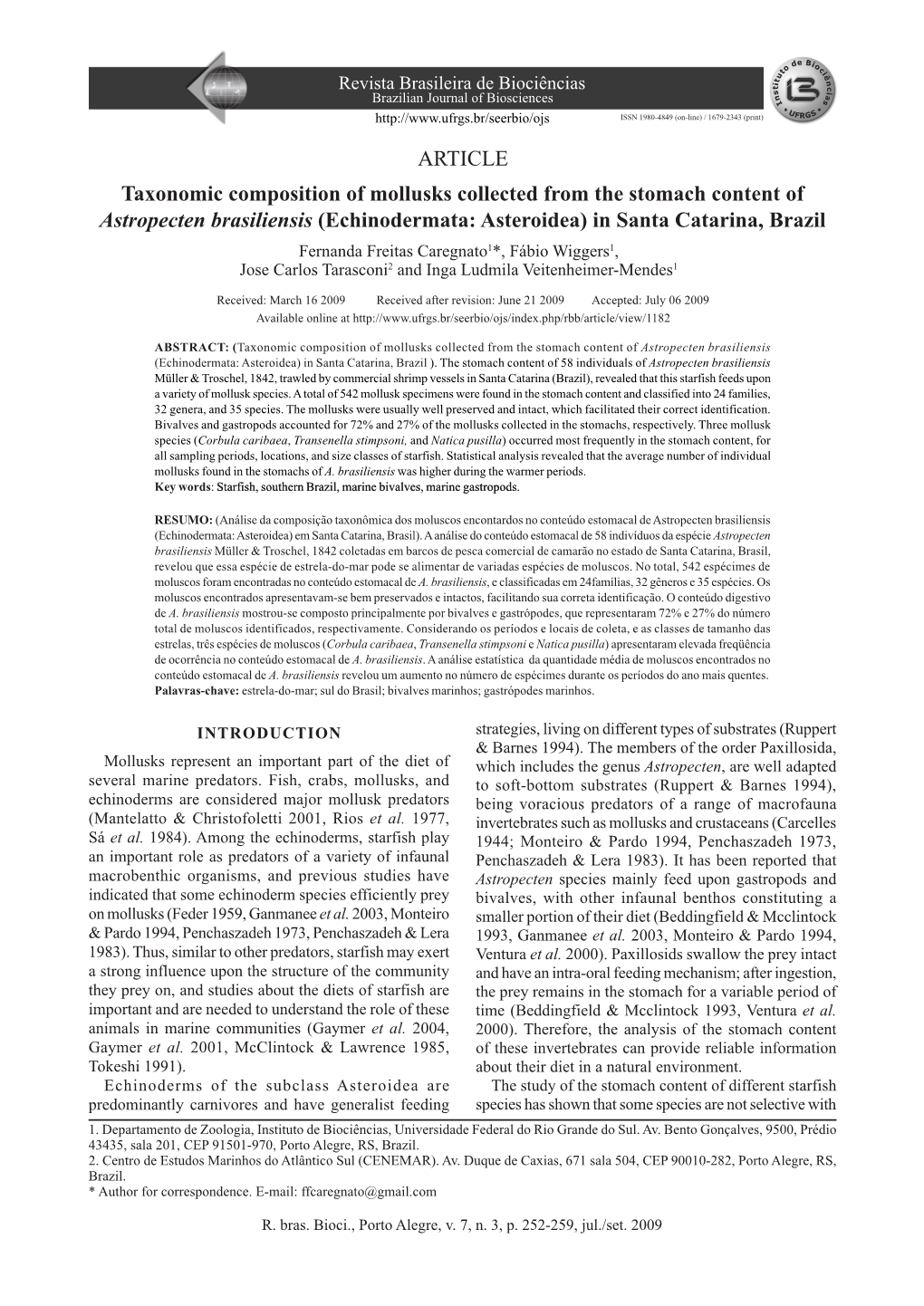 ARTICLE Taxonomic Composition of Mollusks Collected From