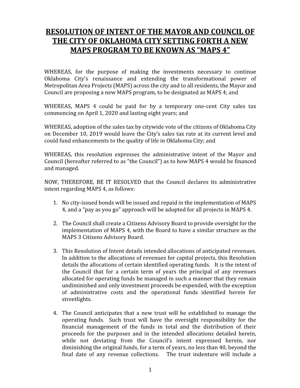 Resolution of Intent of the Mayor and Council of the City of Oklahoma City Setting Forth a New Maps Program to Be Known As “Maps 4”