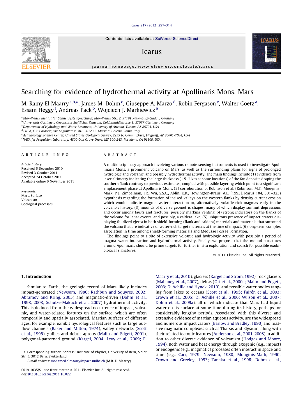 Searching for Evidence of Hydrothermal Activity at Apollinaris Mons, Mars ⇑ M