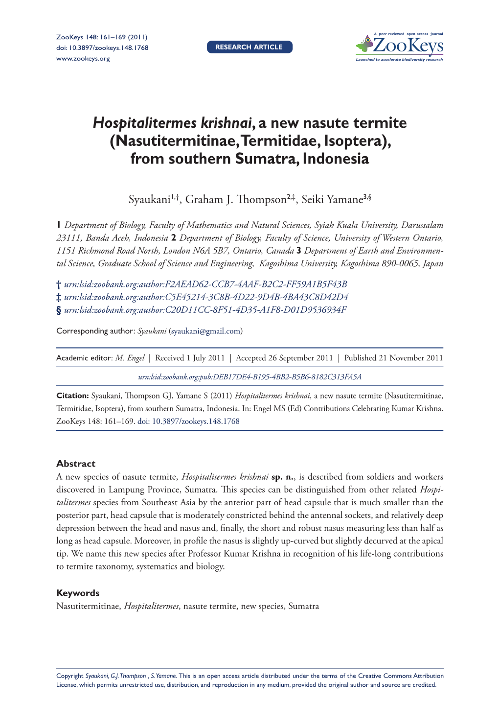 Hospitalitermes Krishnai, a New Nasute Termite (Nasutitermitinae, Termitidae, Isoptera), from Southern Sumatra, Indonesia