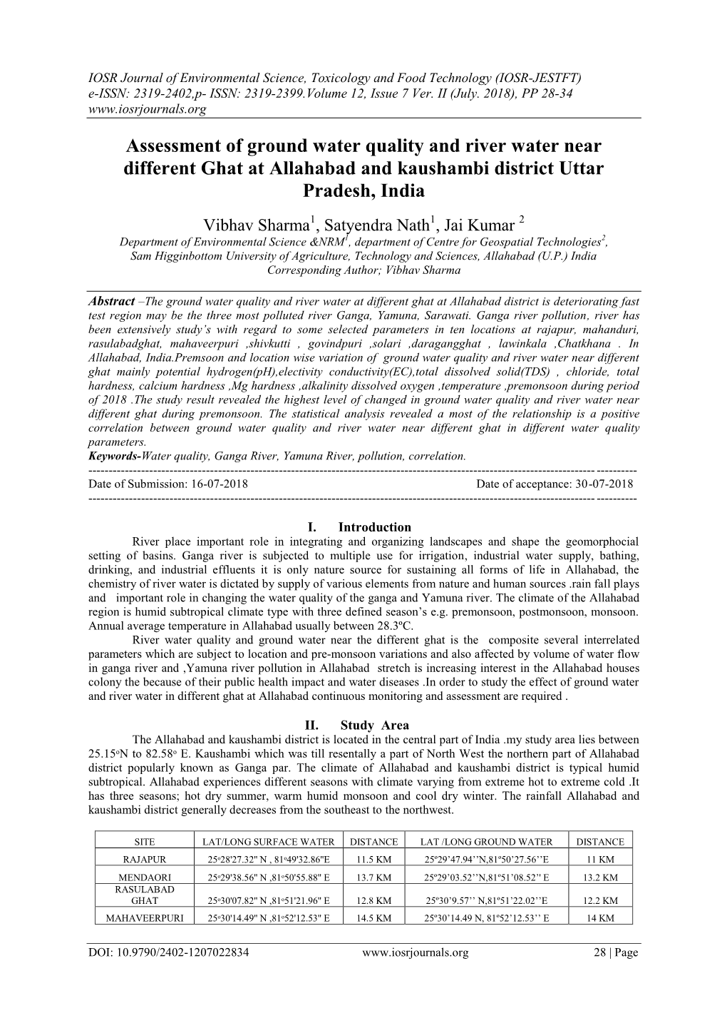 Assessment of Ground Water Quality and River Water Near Different Ghat at Allahabad and Kaushambi District Uttar Pradesh, India