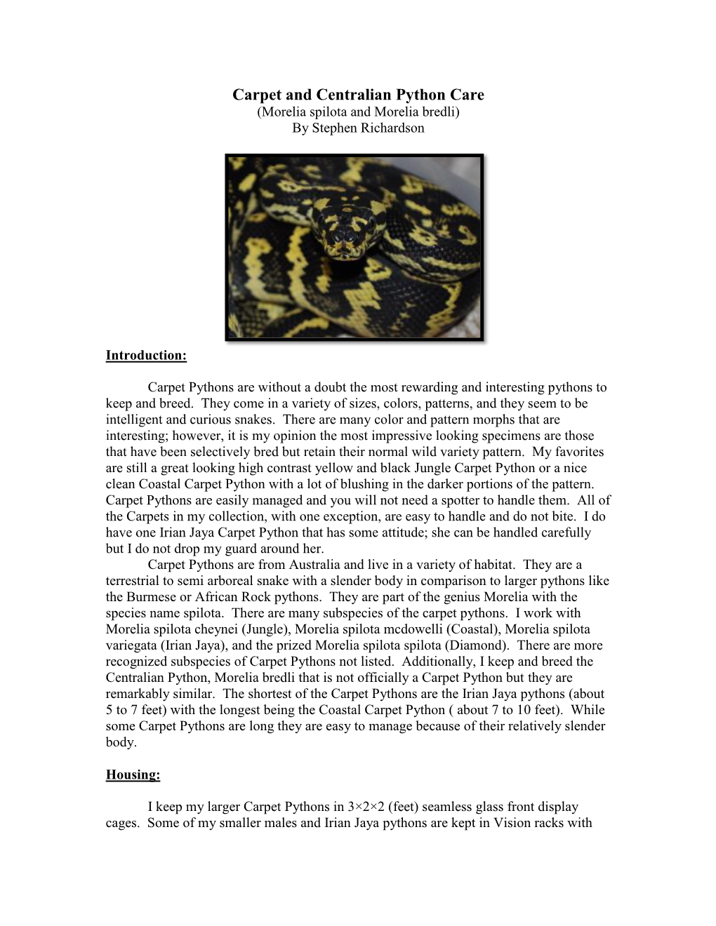 Carpet and Centralian Python Care (Morelia Spilota and Morelia Bredli) by Stephen Richardson