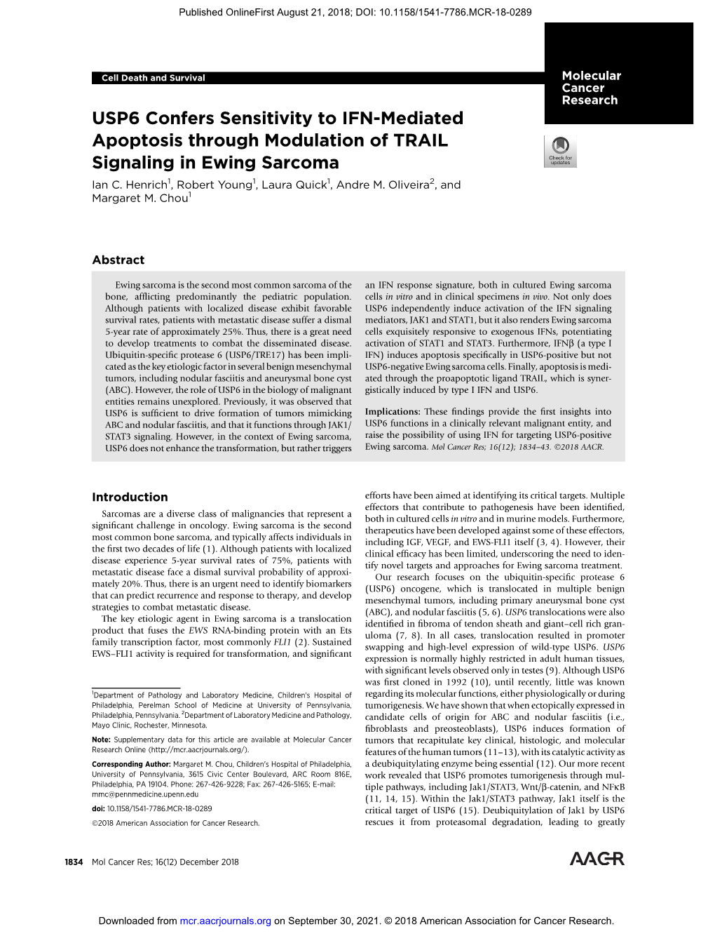 USP6 Confers Sensitivity to IFN-Mediated Apoptosis Through Modulation of TRAIL Signaling in Ewing Sarcoma Ian C