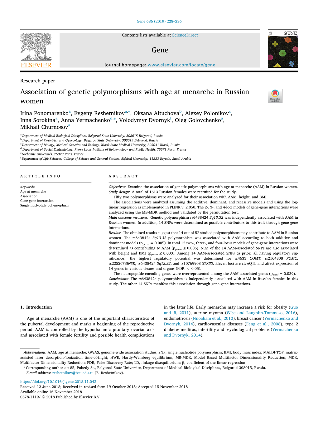 Association of Genetic Polymorphisms with Age at Menarche in Russian Women