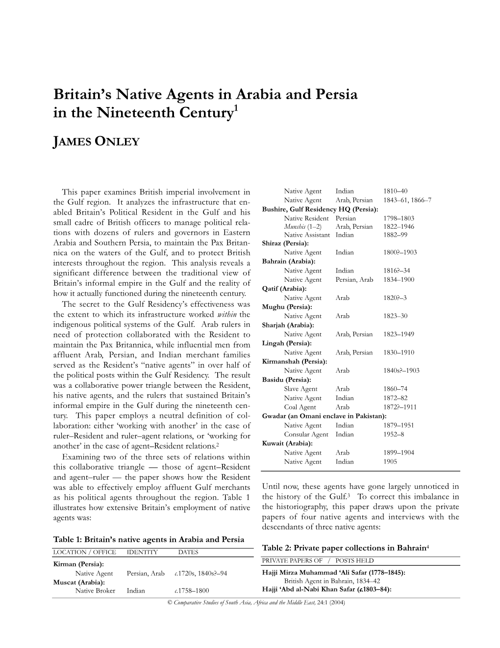 Britain's Native Agents in Arabia and Persia in the Nineteenth Century1