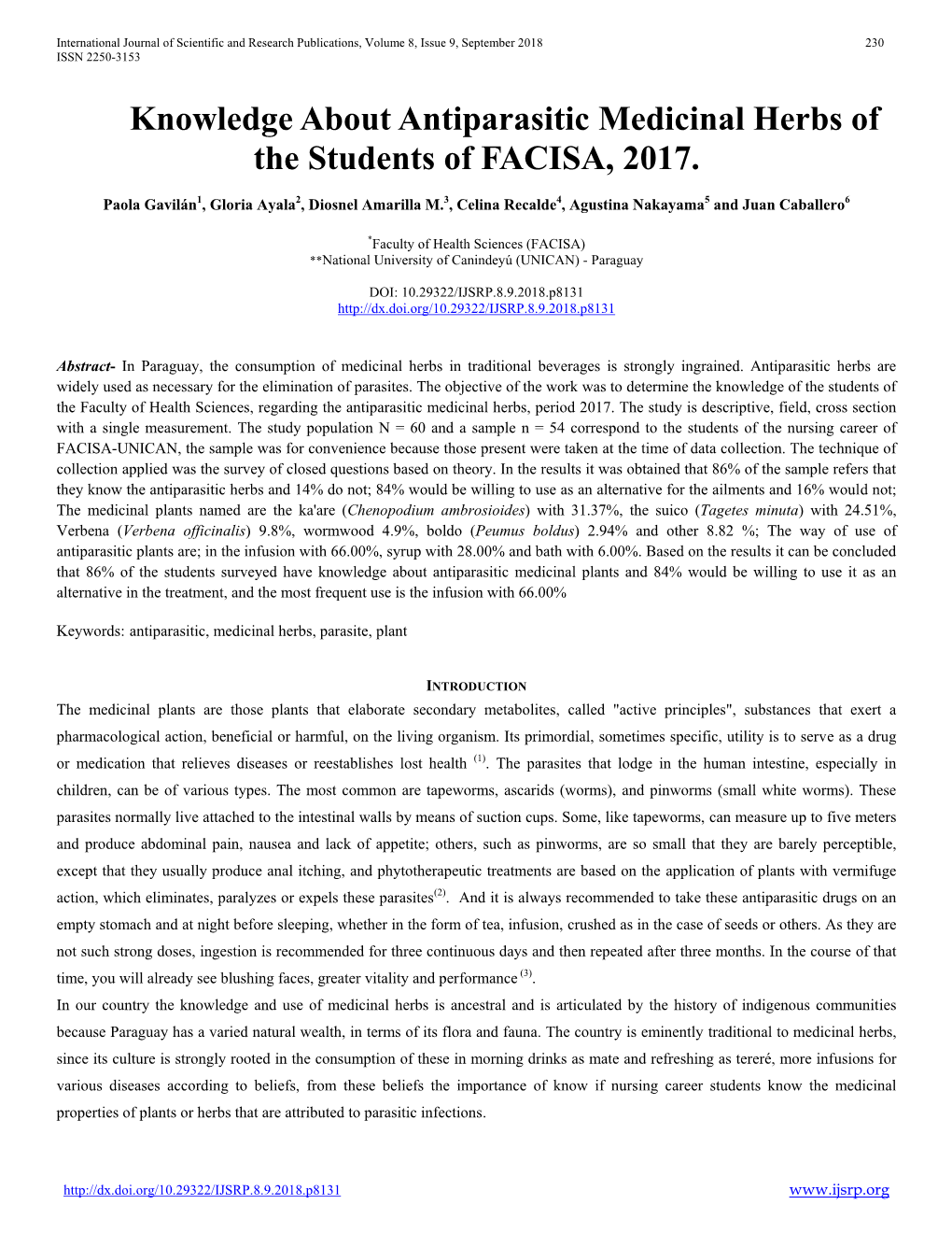 Knowledge About Antiparasitic Medicinal Herbs of the Students of FACISA, 2017