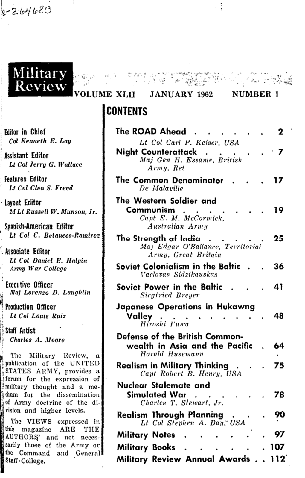 Military Review VOLUME XLII JANUARY 1962 NUMBER 1 CONTENTS