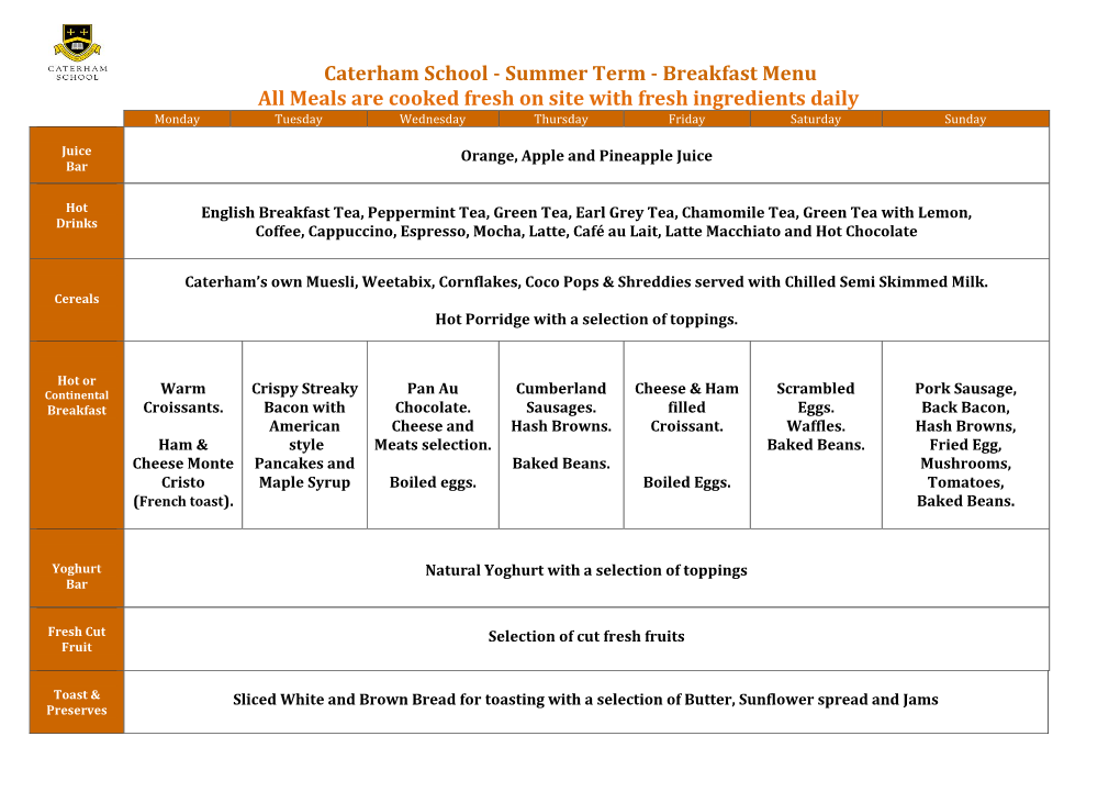 Summer Term - Breakfast Menu All Meals Are Cooked Fresh on Site with Fresh Ingredients Daily Monday Tuesday Wednesday Thursday Friday Saturday Sunday