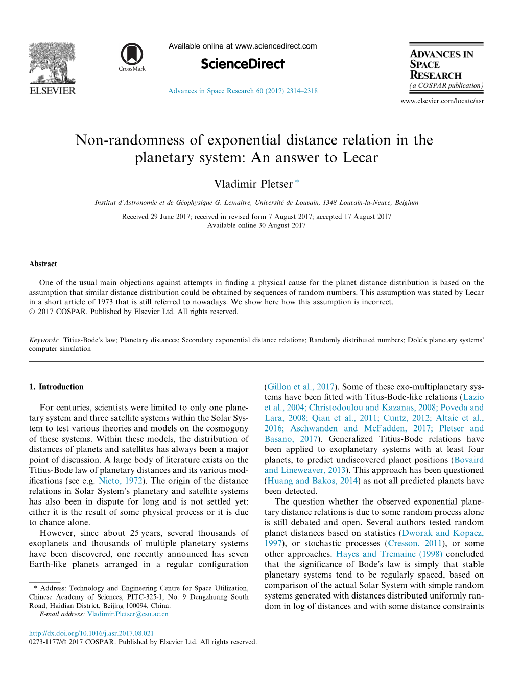 Non-Randomness of Exponential Distance Relation in the Planetary System: an Answer to Lecar