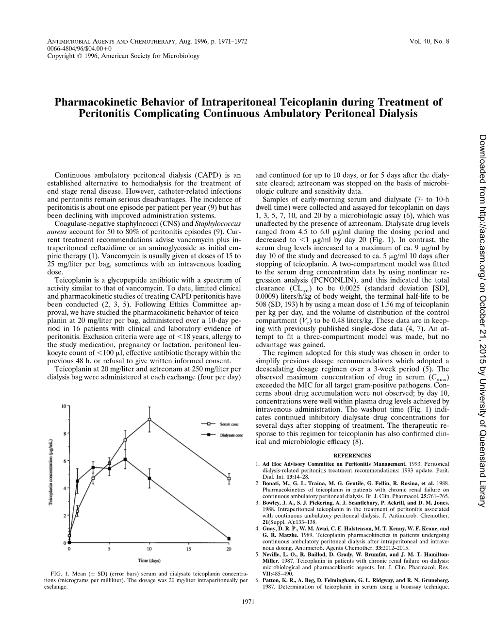 Pharmacokinetic Behavior of Intraperitoneal Teicoplanin During Treatment of Peritonitis Complicating Continuous Ambulatory Peritoneal Dialysis Downloaded From