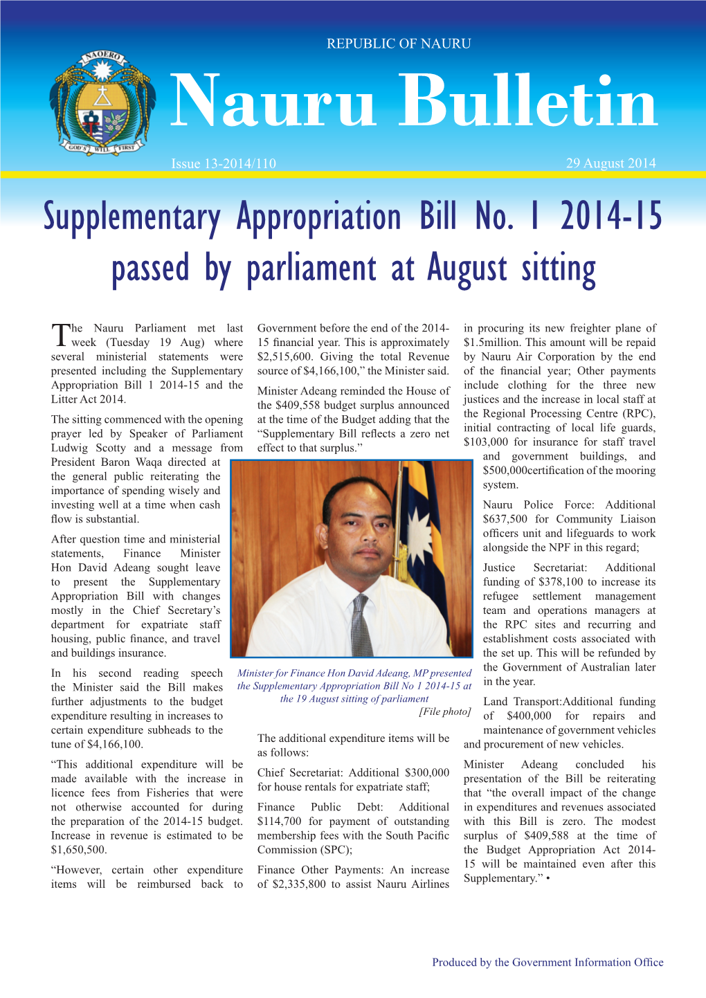 Nauru Bulletin Issue 13-2014/110 29 August 2014 Supplementary Appropriation Bill No