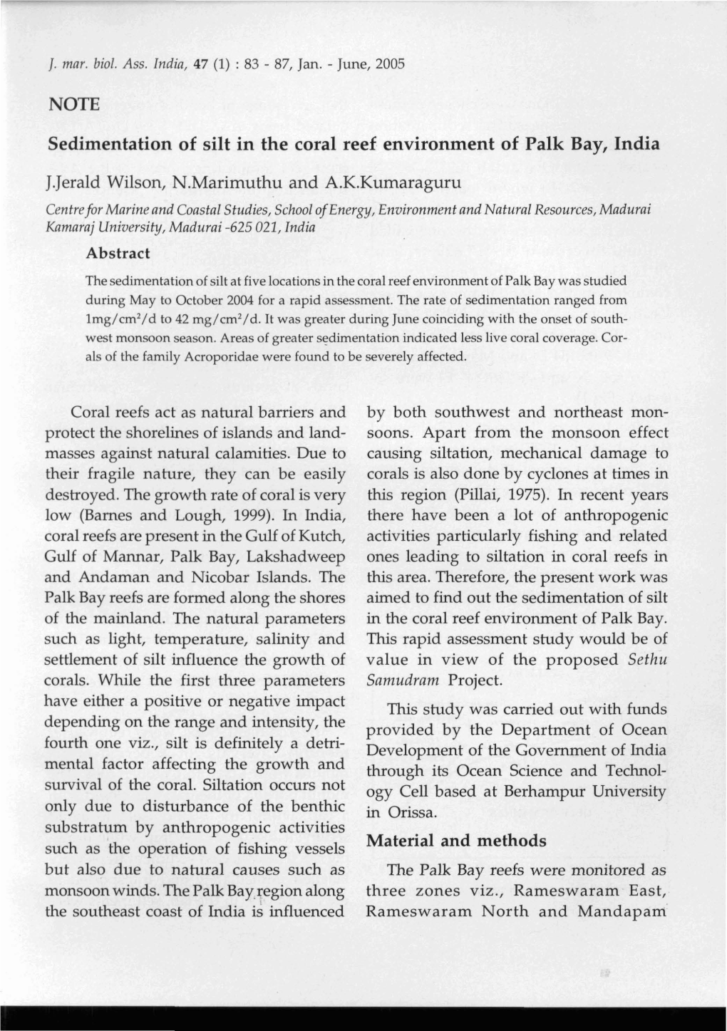 NOTE Sedimentation of Silt in the Coral Reef Environment of Palk Bay, India