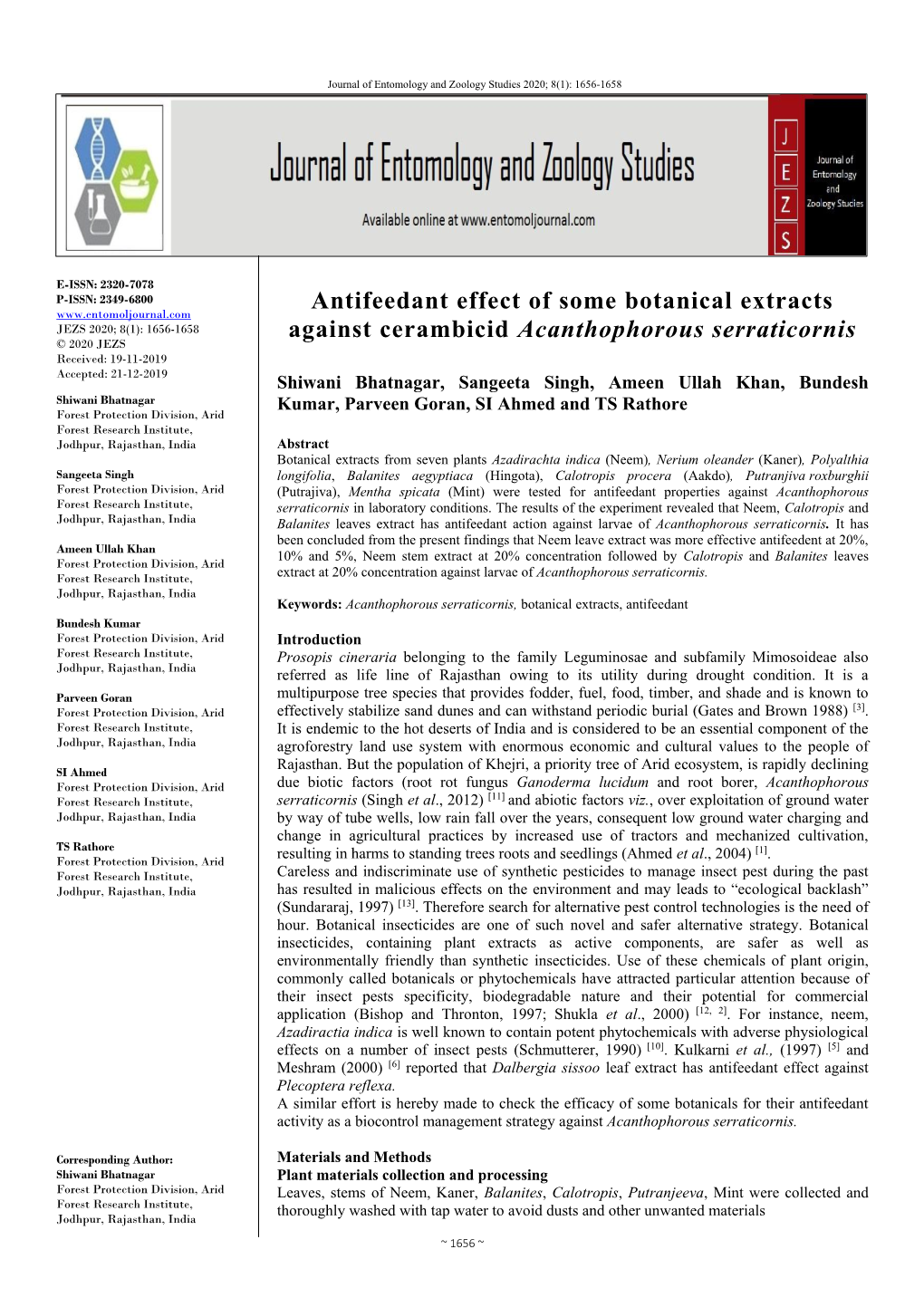 Antifeedant Effect of Some Botanical Extracts Against Cerambicid
