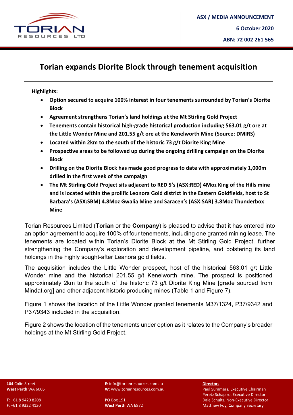 Torian Expands Diorite Block Through Tenement Acquisition