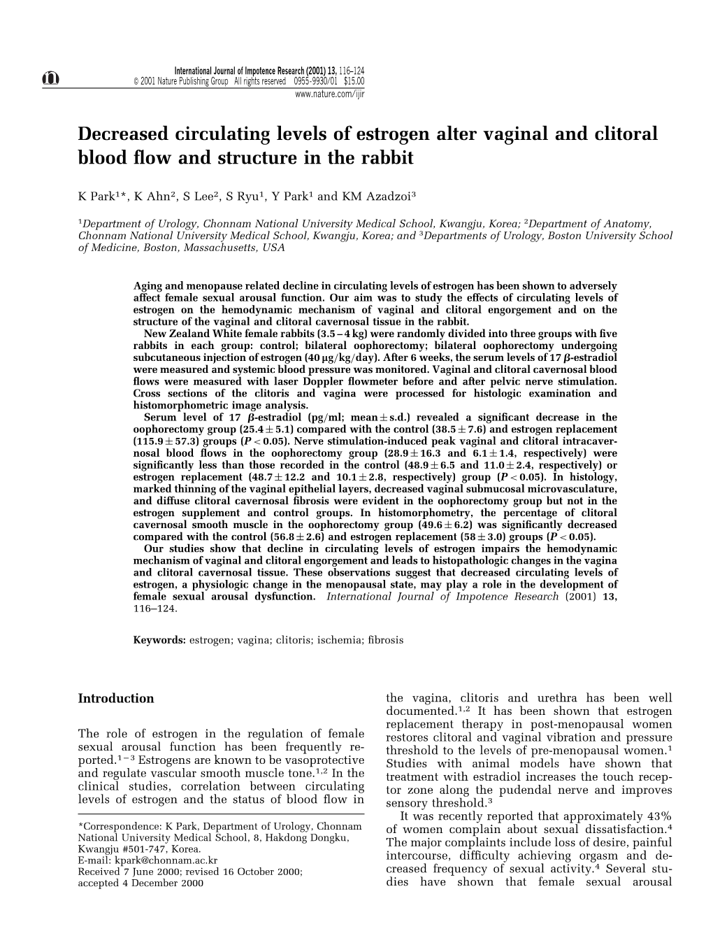 Decreased Circulating Levels of Estrogen Alter Vaginal and Clitoral Blood ¯Ow and Structure in the Rabbit