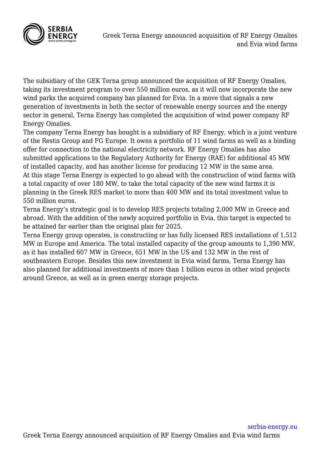 Greek Terna Energy Announced Acquisition of RF Energy Omalies and Evia Wind Farms