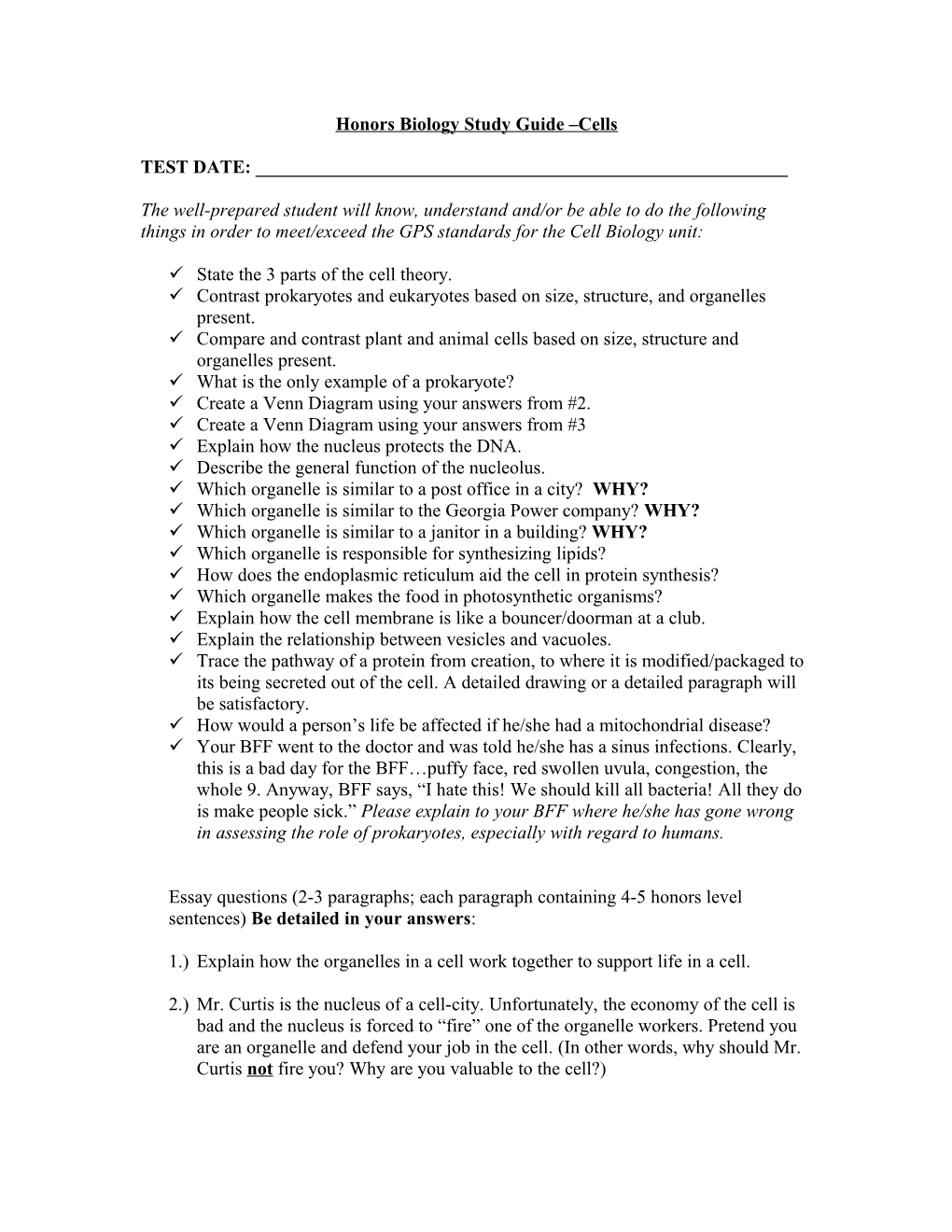 Honors Biology Study Guide Cells