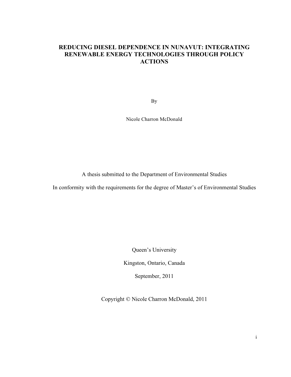 Reducing Diesel Dependence in Nunavut: Integrating Renewable Energy Technologies Through Policy Actions