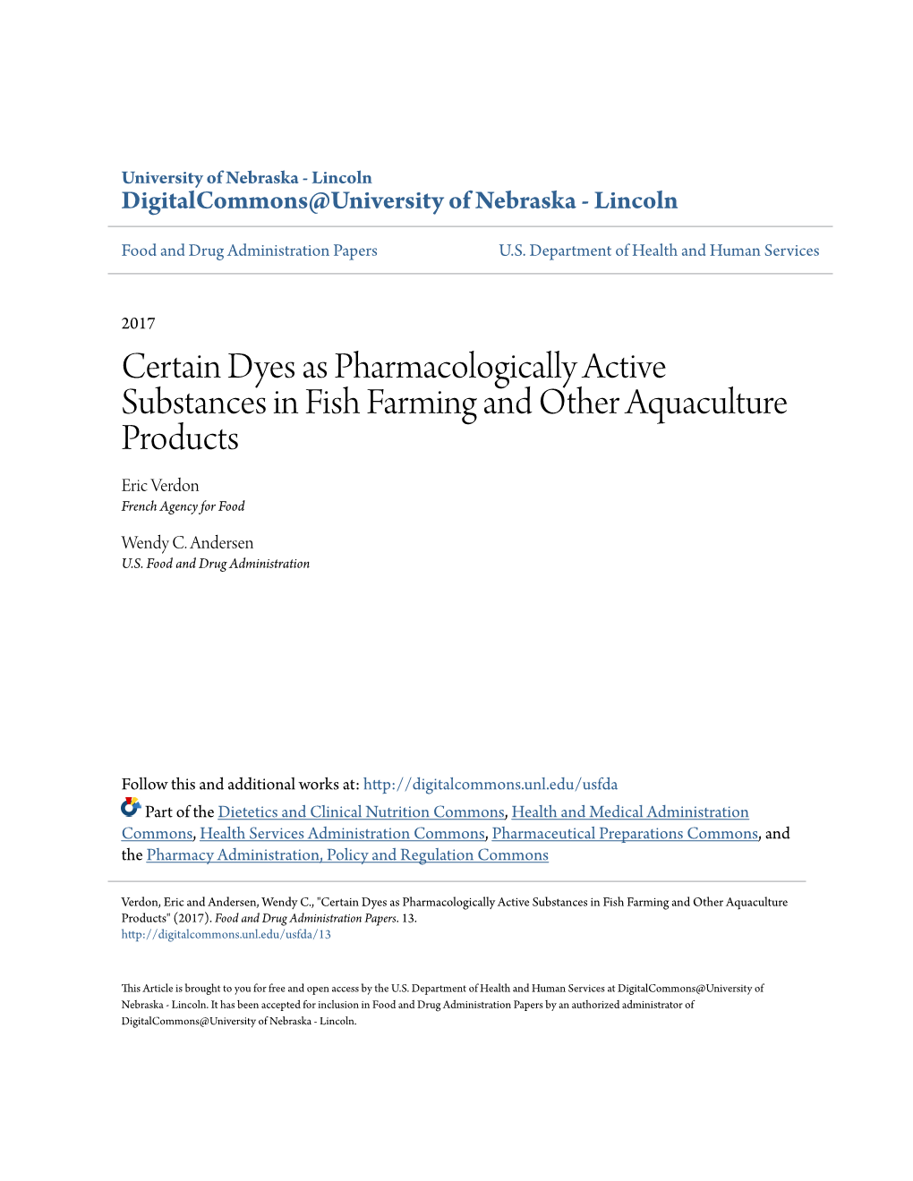 Certain Dyes As Pharmacologically Active Substances in Fish Farming and Other Aquaculture Products Eric Verdon French Agency for Food