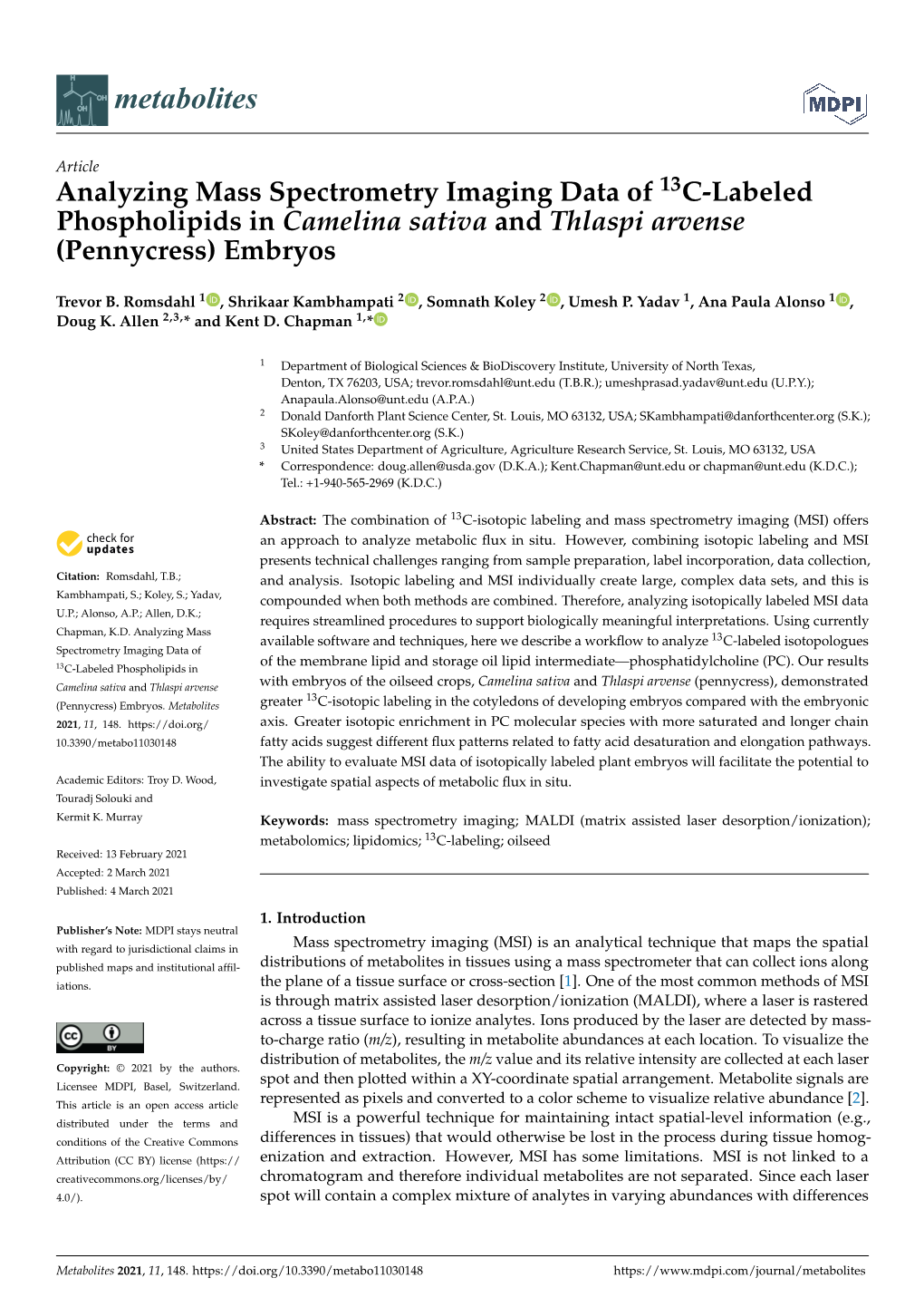 Analyzing Mass Spectrometry Imaging Data of 13C-Labeled Phospholipids in Camelina Sativa and Thlaspi Arvense (Pennycress) Embryos