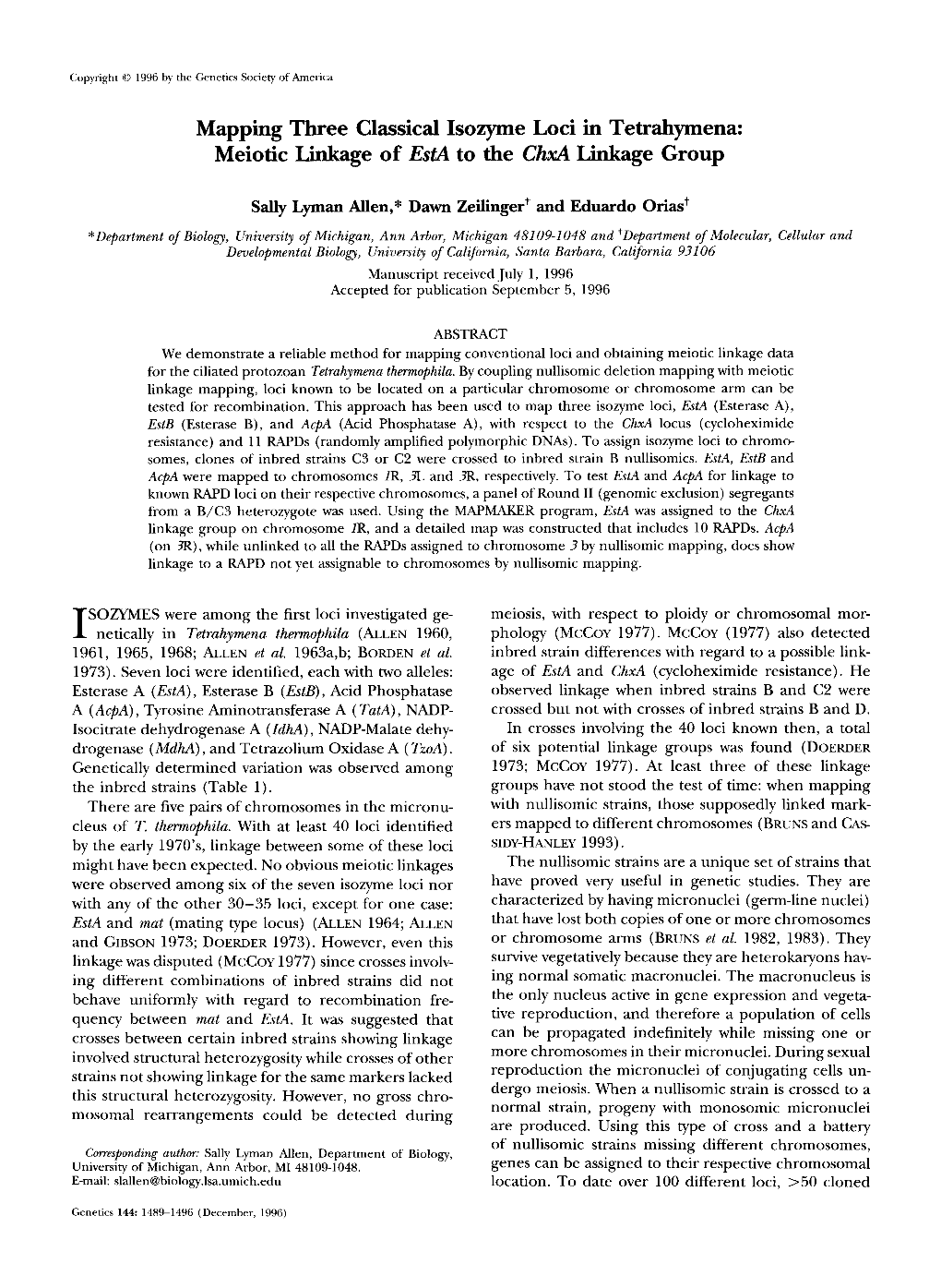 Mapping Three Classical Isozyme Loci in Tetrahymena: Meiotic Linkage of Esta to the Chxa Linkage Group