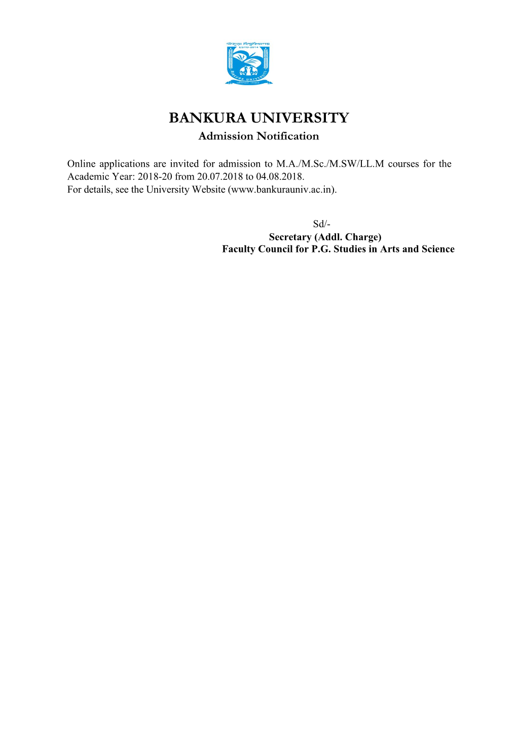 BANKURA UNIVERSITY Admission Notification