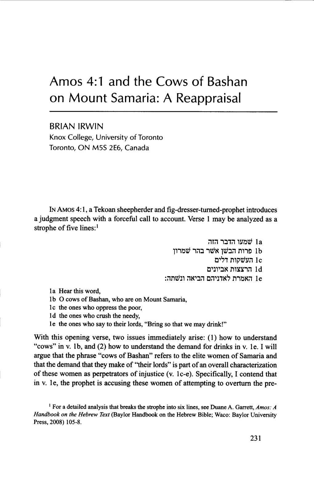 Amos 4:1 and the Cows of Bashan on Mount Samaria: a Reappraisal