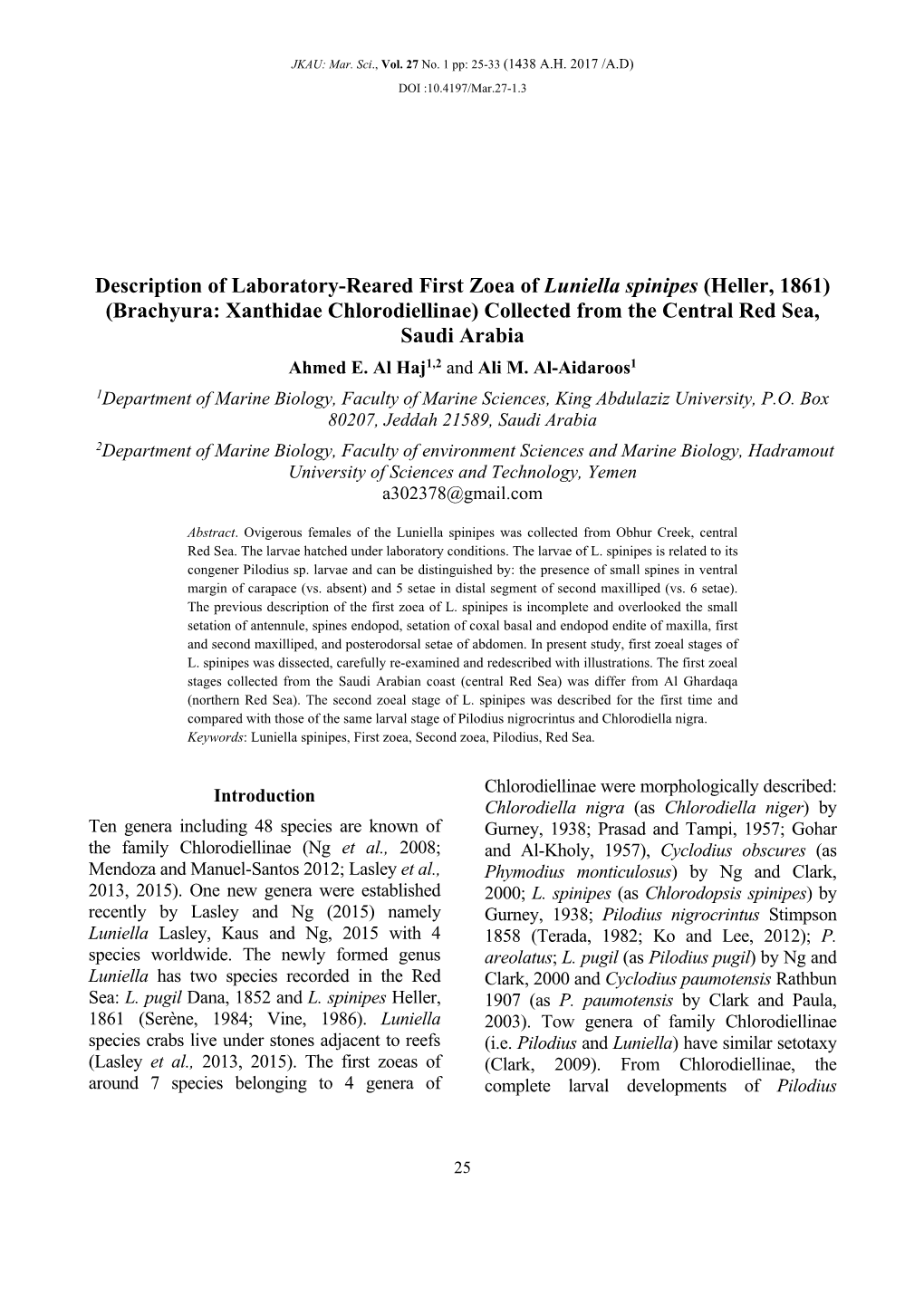 Brachyura: Xanthidae Chlorodiellinae) Collected from the Central Red Sea, Saudi Arabia Ahmed E