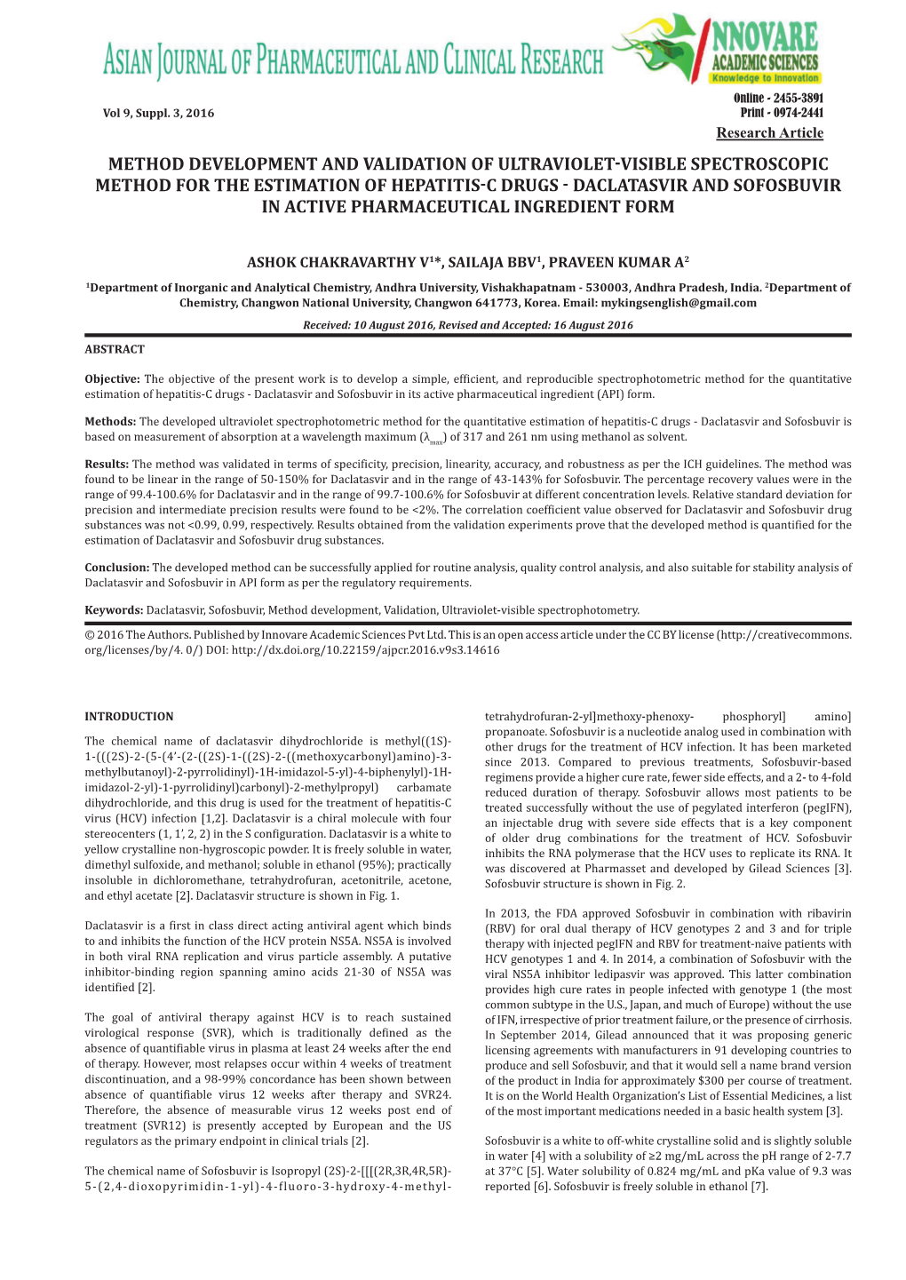 Method Development and Validation of Ultraviolet-Visible Spectroscopic Method for the Estimation of Hepatitis-C Drugs