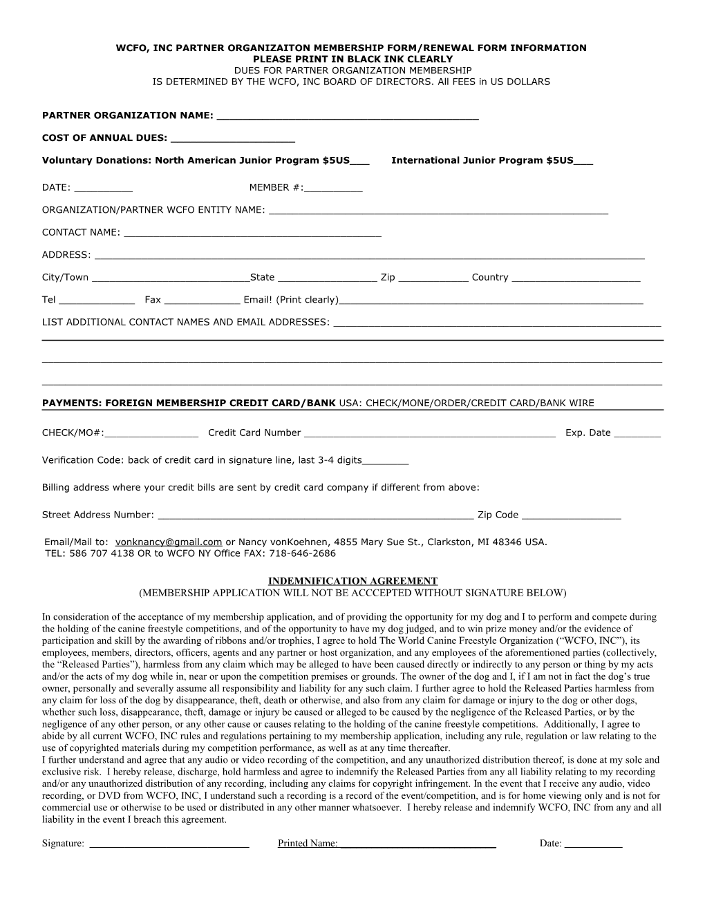 Wcfo, Inc Partner Organizaiton Membership Form/Renewal Form Information