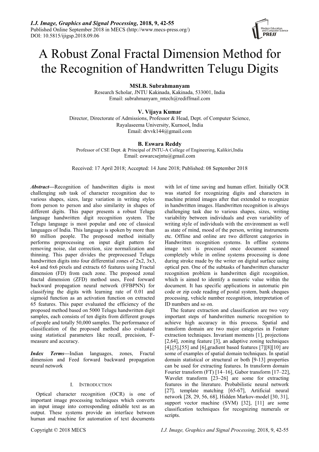 A Robust Zonal Fractal Dimension Method for the Recognition of Handwritten Telugu Digits