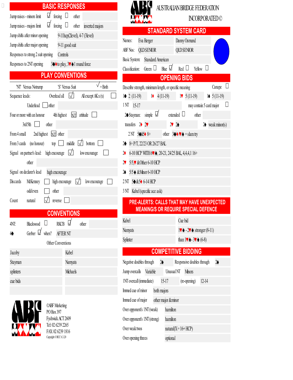 Standard System Card Opening Bids Competitive Bidding Basic Responses Play Conventions Conventions Australian Bridge Federation