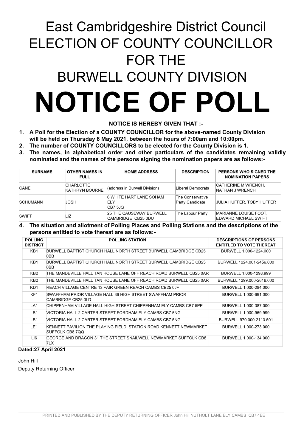 Notice of Poll Notice Is Hereby Given That :- 1